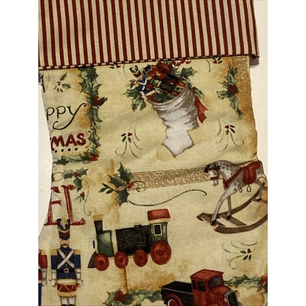 Handmade Christmas Stockings 12” Lot Of 2 Train Soldier Rocking Horse Holly